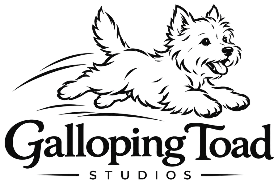 Galloping Toad Studios logo: a leaping terrier above the studio wordmark
